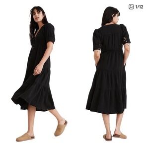 Madewell Womens Lightspun Tiered Gauzy Front Button Black Dress Sz 6 Cotton
